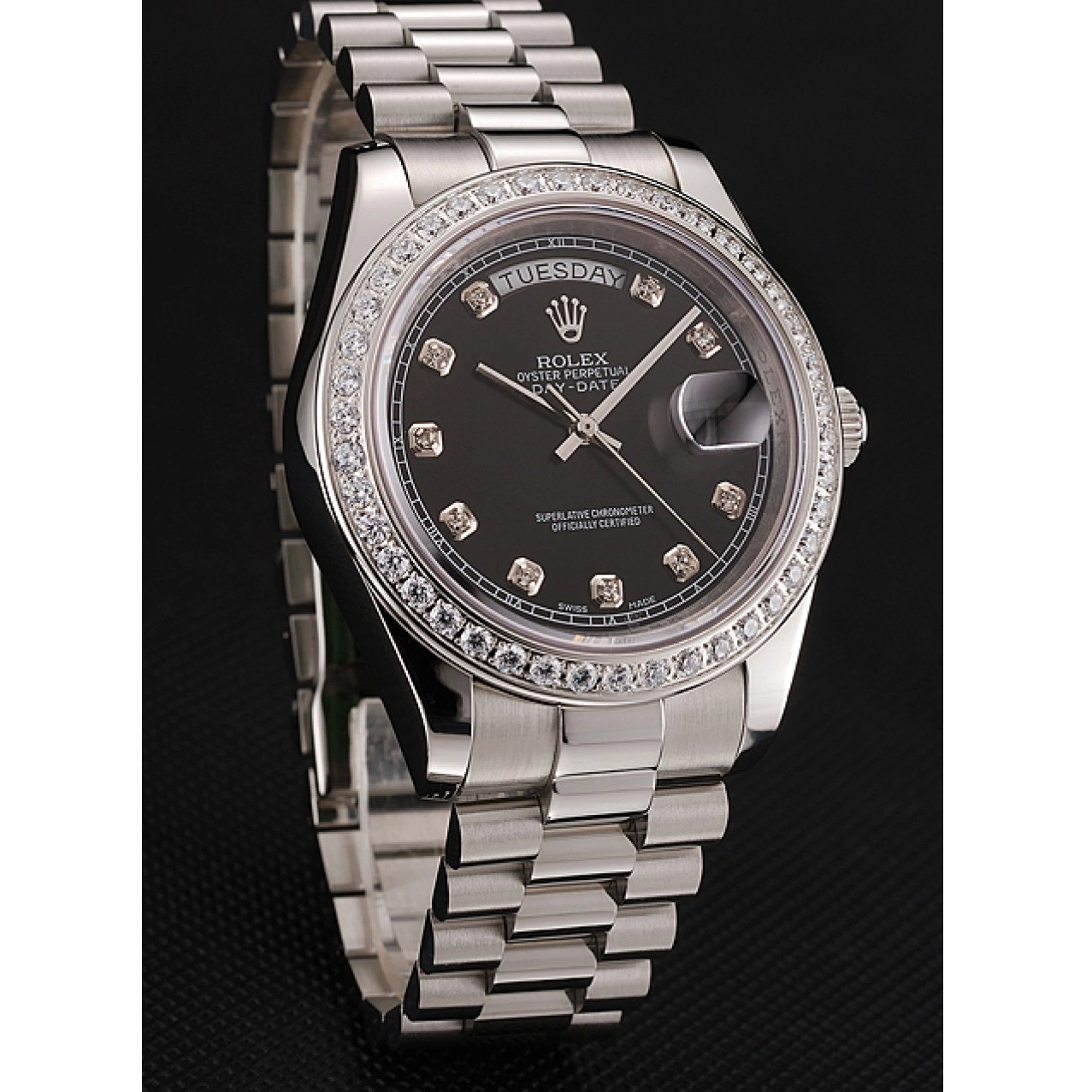 Good copy rolex watches Diamond Numerals Rolex Black Bracelet Day-Date Stainless Case 1453965 Steel Diamond Dial Swiss 0605